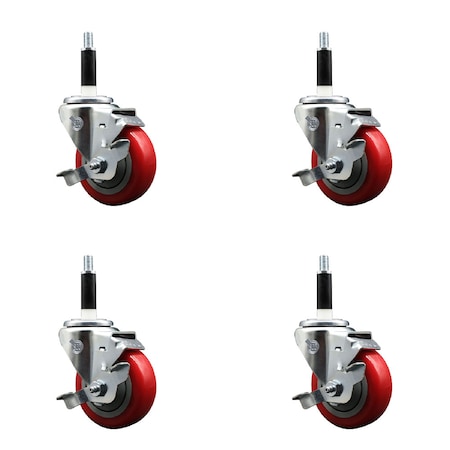 Service Caster 3.5'' SS Red Poly Swivel 7/8'' Expanding Stem Caster Set with Brake, 4PK SCC-SSEX20S3514-PPUB-RED-TLB-78-4